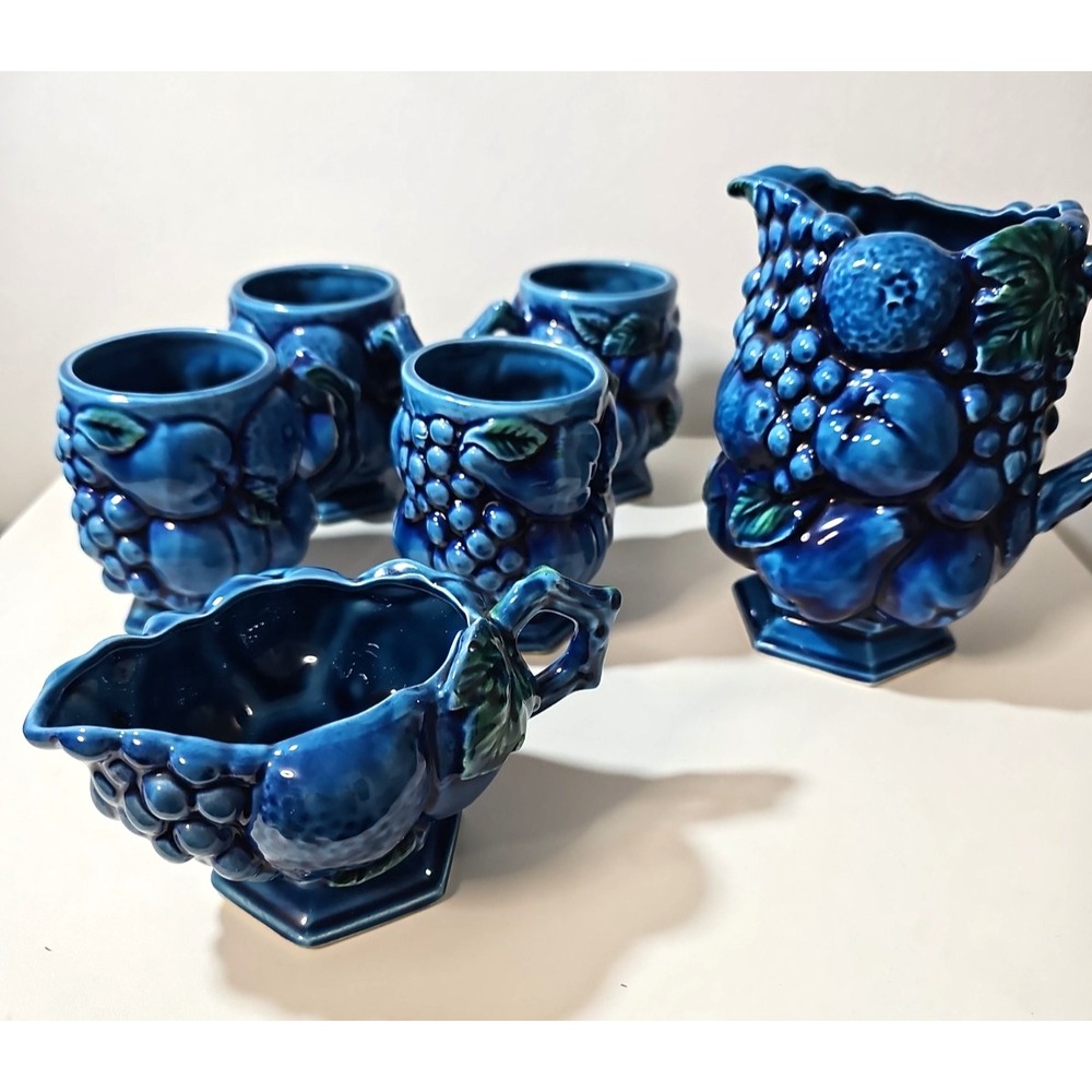 Vtg Inarco Mood Indigo Pitcher 4 Cups Creamer Set Blue Green MCM